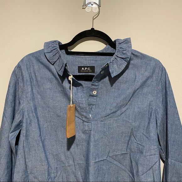 A.P.C. Agathe Ruffle Trimmed Cotton Blend Blouse Blue Top Shirt - Picture 8 of 14